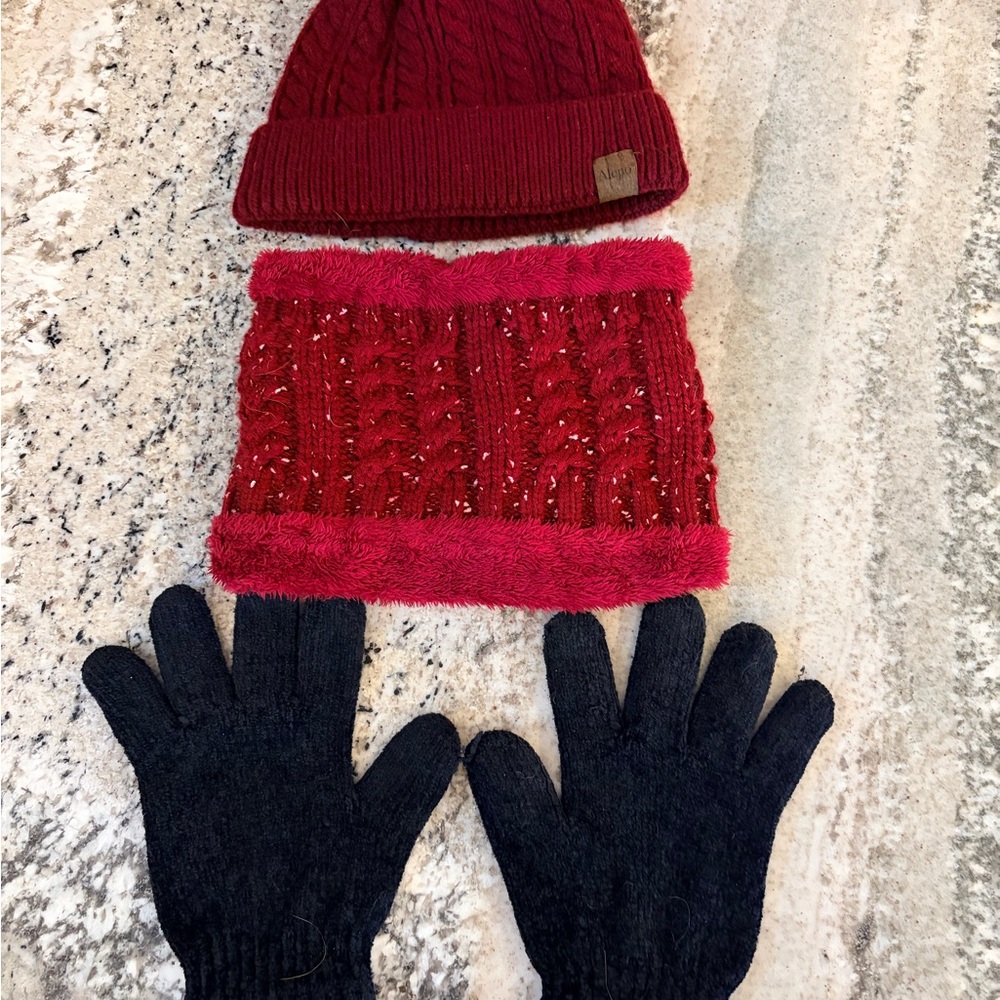 Red Knit Hat and Neck Warmer with Black Gloves